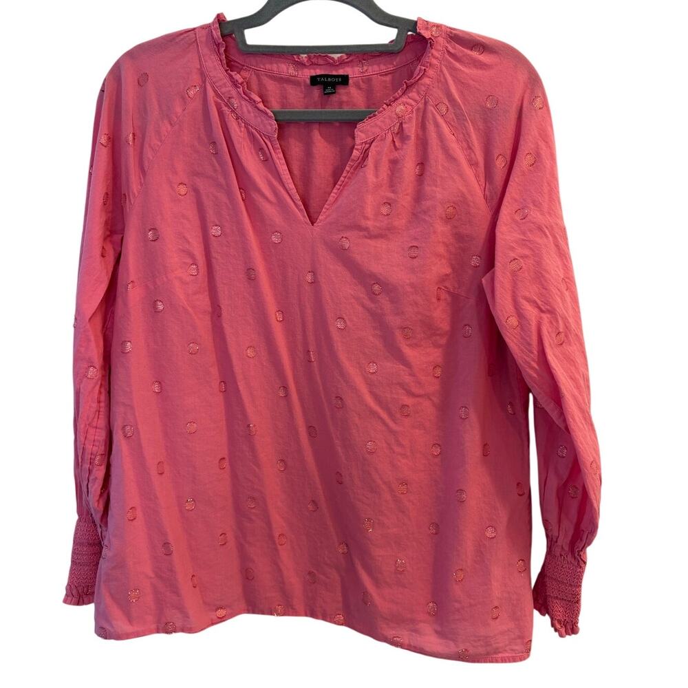 Talbots Pink Polka Dot Clip Dot Split V-Neck Blouse Top Smocked Cuff Medium